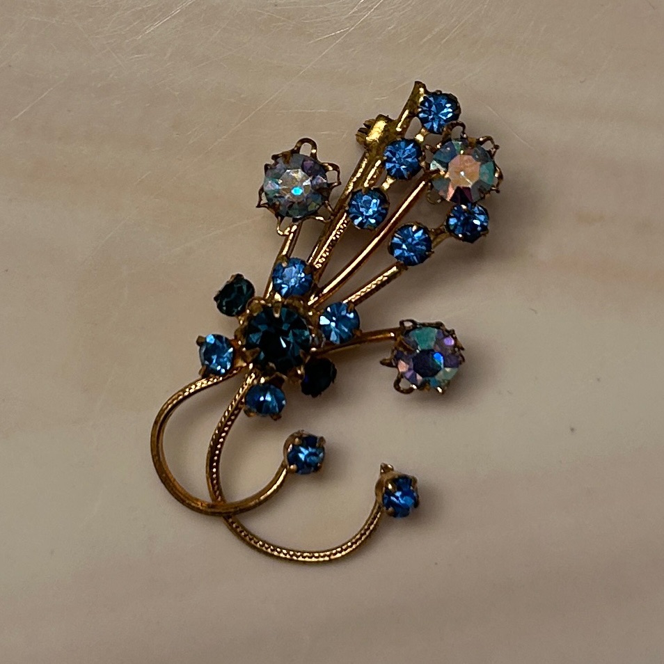 Signed Austria Blue Crystal Brooch Vintage